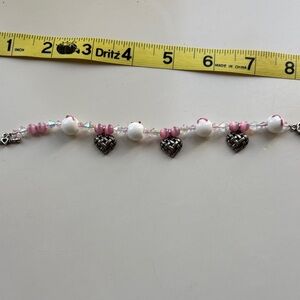 Pink and White Beaded Bracelet with Heart Charms